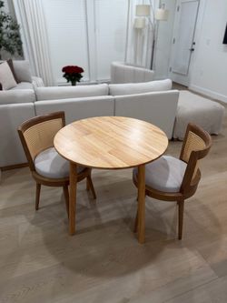 Round Wooden Dining Table with 2 Cane Back Chairs