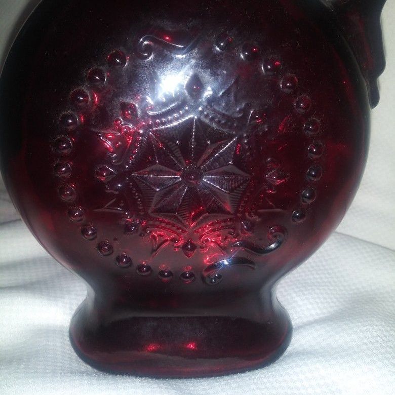 Vintage Ruby Red W/ Star Medallion Decanter Glass Bottle And Corked Glass Stopper