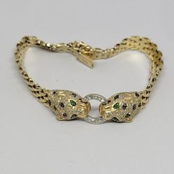 14K Solid Gold Double Panther Head Bracelet