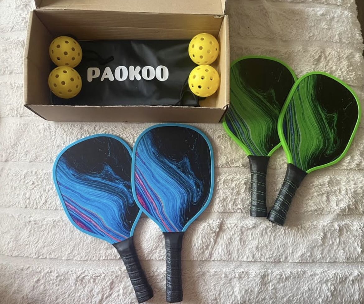 Paokoo Pickleball Paddles Set of 4, Wooden Rackets with Cushion Grip, Indoor & Outdoor, 4 Balls & 1