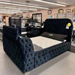 King or Queen Bed frame with Rireplace TV lift BT speakers