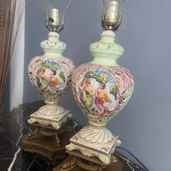 Pair Of Antique Capodimonte Italy High Relief Porcelain & Brass Table Lamps