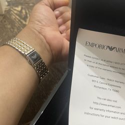 Emporio Armani Women's Silver Floral Dial Wristwatch Two-Tone Bracelet Box