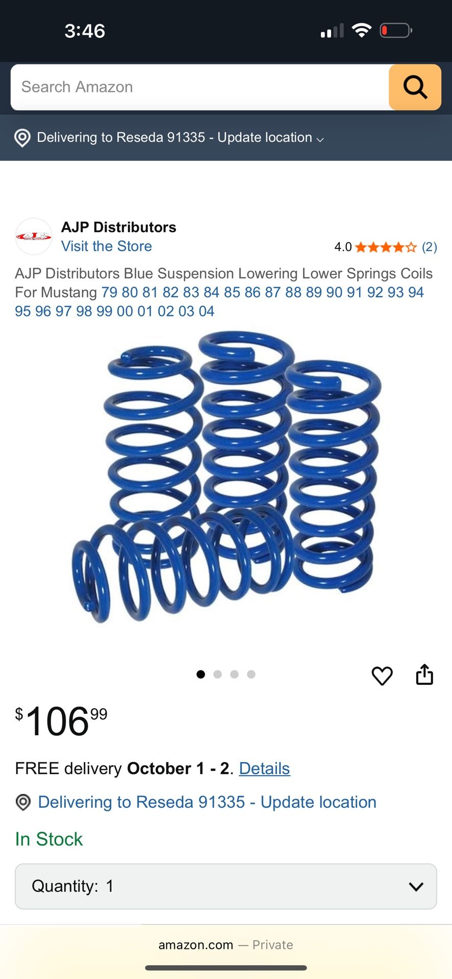 Blue suspension lowering lower springs for mustang