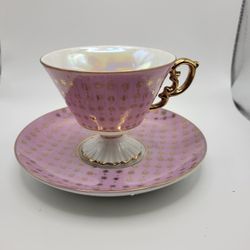 Vintage Norcrest Cup & Saucer Lusterware Pink Gold Star Pattern Footed - C136