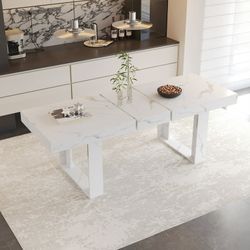 70.9”-86.6” Extendable Wooden Dining Table Kitchen Expanding Table Faux Marble Tabletop White 
