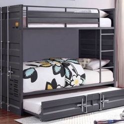 Brand New Industrial Gunmetal Metal Bunk Bed with Trundle — 2 Sizes Available