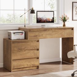 Tribesigns Computer Desk with 5 Drawers, Executive Home Office Desk with File Cabinet and Printer Stand, Industrial Rustic Wood Desk for Small Spaces,