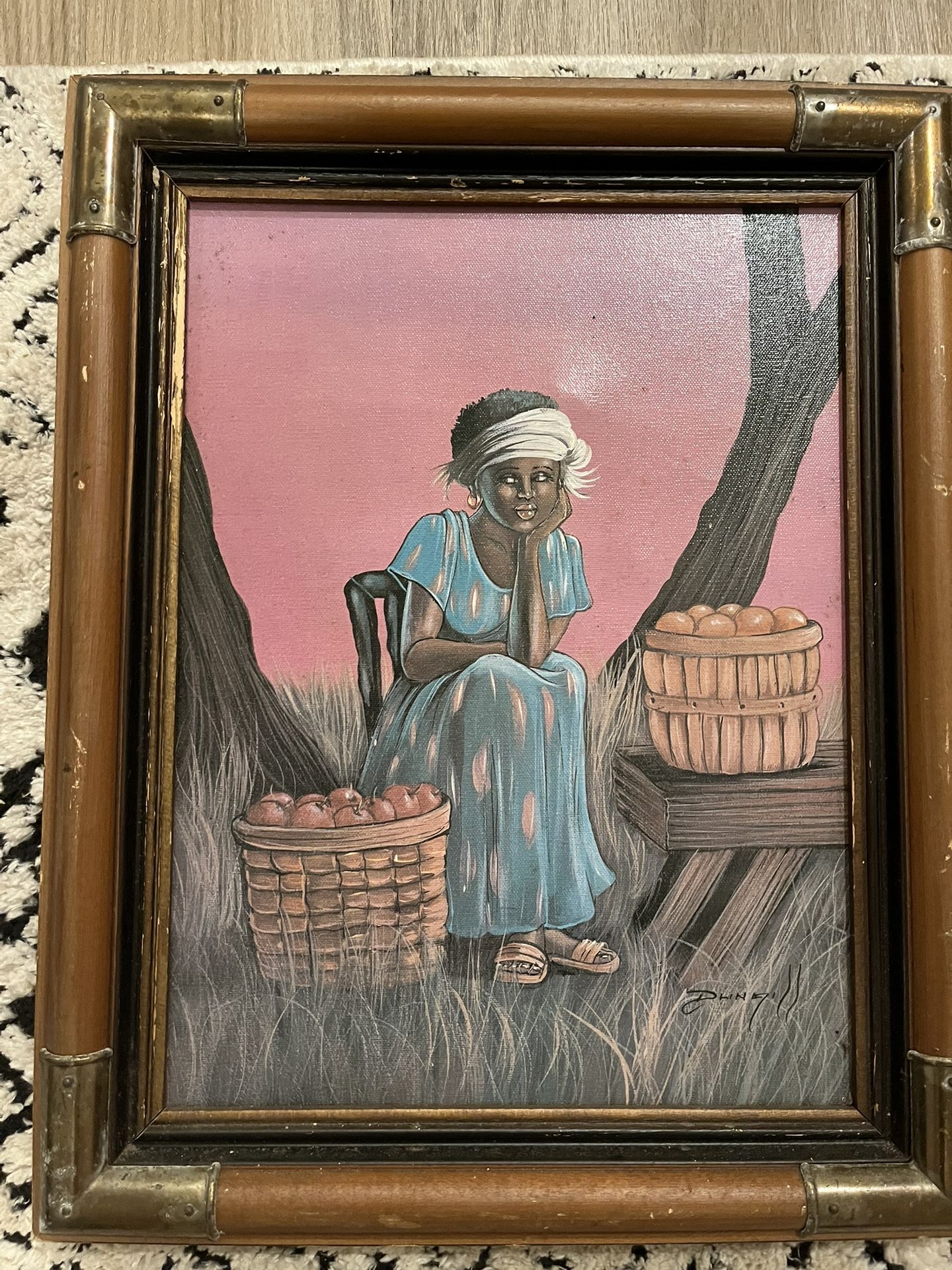 Antique Frame, Painting Of Women Sitting On Baskets With Antique Frame