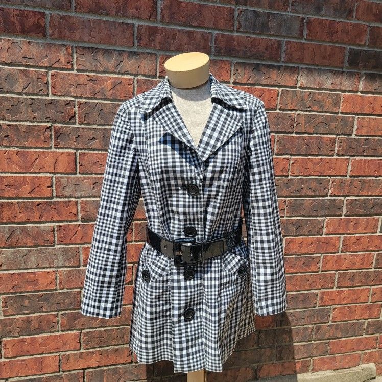 Peck & Peck Jacket Womens 10 Black White Plaid Pea Coat Trench Coat.