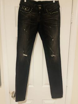 Women’s Y2K True Religion Julie Studded Distressed Black Skinny Goth Punk Biker Jeans Size 28