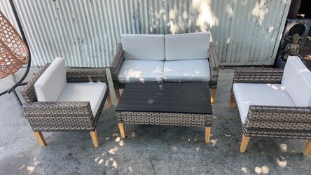 4Pcs Patio Furniture Set , Outdoor Patio Set with 2 Chair &  One 2-seat Sofa and Coffee Table ,Grey white