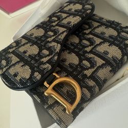 Authentic NEW Christian Dior Blue Saddle Lotus Compact Short Wallet