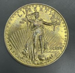 Vintage 3" Saint-Gaudens Patina Metal Gold $20 Dollar Collector Paperweight Coin