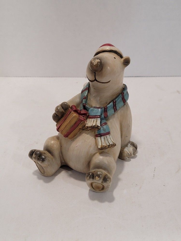 Wooden Polar Bear Figurine - Sitting Figure Statue, 4" Tall