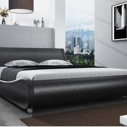 SHA CERLIN Modern Low Profile Platform Bed Frame Queen Size, Stylish Faux Leather Upholstered Sleigh Bed with Adjustable Headboard, No Box Spring Need