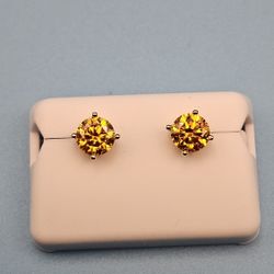 ✨ Golden Amber Moissanite Stud Earrings – 925 Sterling Silver ✨
