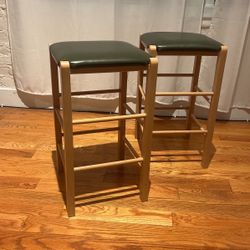 2 Wood And Leather Kitchen Stools 
