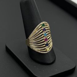 14k yellow solid gold Multi-Colored Cocktail Gem stones Ring sz 11 5.3 grams