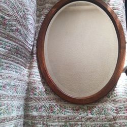 ANTIQUE OAK OVAL BEVELED GLASS 