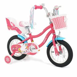 Costway 12" Kids Bike with Basket Doll Seat Colorful Streamers 2 Training Wheels Handlebar Pink