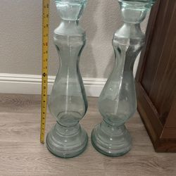 Set Of (2) 22” Recycled Glass Pillar Holder (Tall Floor Vases) (Pillar Candle Holder) Pretty Blue Tinted