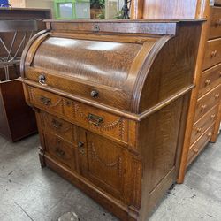 Roll Top Secretary Desk With Carved Floral Cabinet