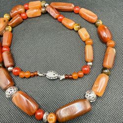 Vintage Mali Africa  Carnelian  And Tiger Eye Necklace With Silver Clasp 