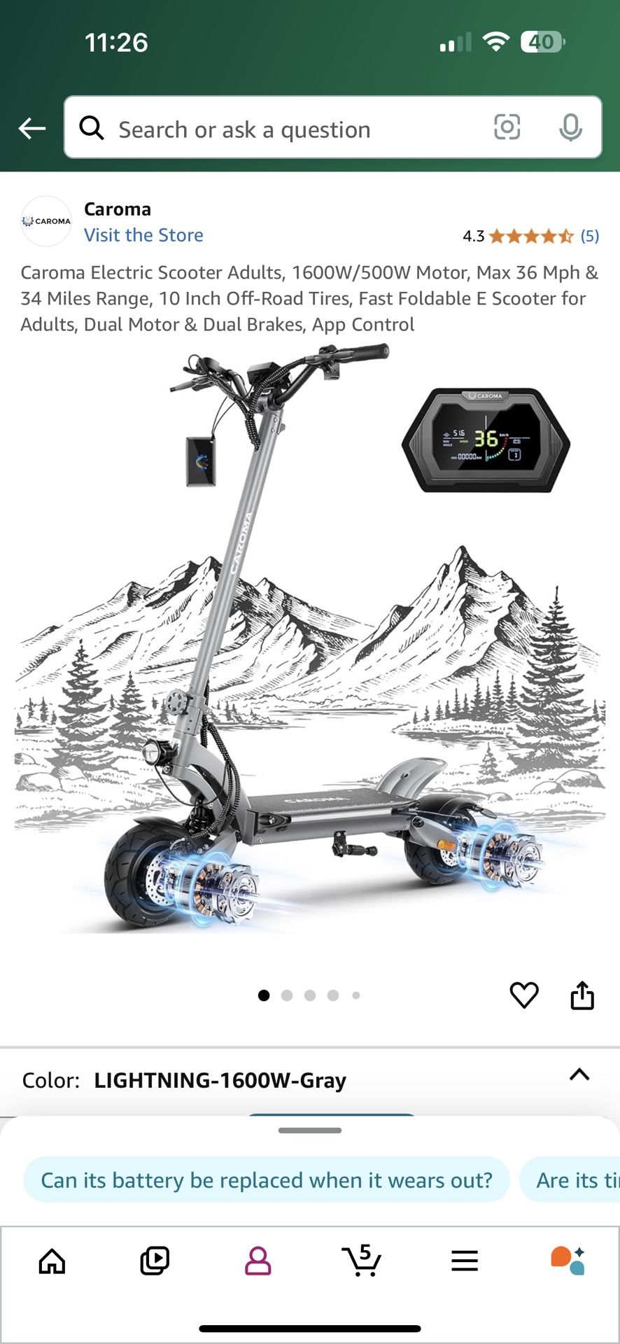 Caroma 1600W/500W, 36 Mph & 34 Miles Range, 8.5 Inch Off-Road Tires