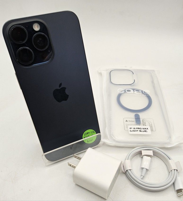 Titanium Blue Apple IPhone 15 Pro Max 256gb Unlocked With Case Chargers Warranty $720
