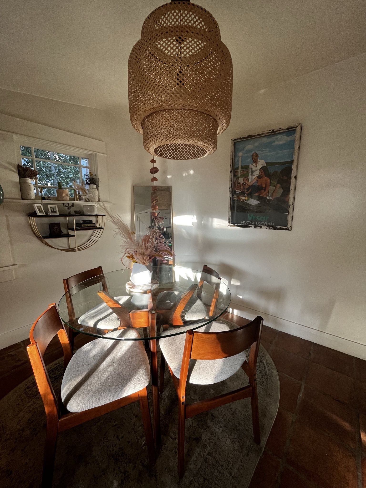 West Elm Jensen Round Glass Table Top And Upholstered Walnut Chairs