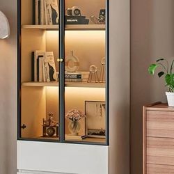 Modern Lighted Glass Display Cabinet with Two Drawers, Dining China Hutch with 3 Tiers Storage Shelv