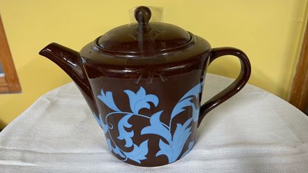Brown Ceramic Teapot with Blue Floral Design
