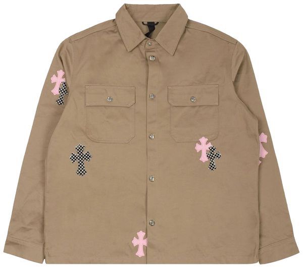 Chrome Hearts Cross Patch Work Dog Button Up Jacket in tan with pink and checkered cross patches