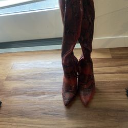 Thigh High Red Faux Snake Skin Pattern Boots Size 8