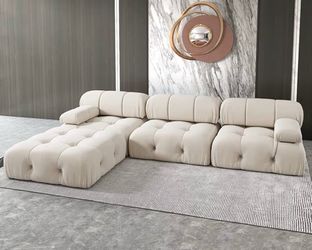 L-Shaped Sectional Couch, 104" Beige Velvet Sofa with Reversible Chaise Ottoman(3- Seat, 1 Ottoman)