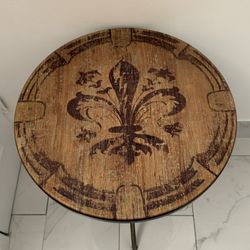 Rustic Metal & Wood Side Table with Fleur-de-Lis