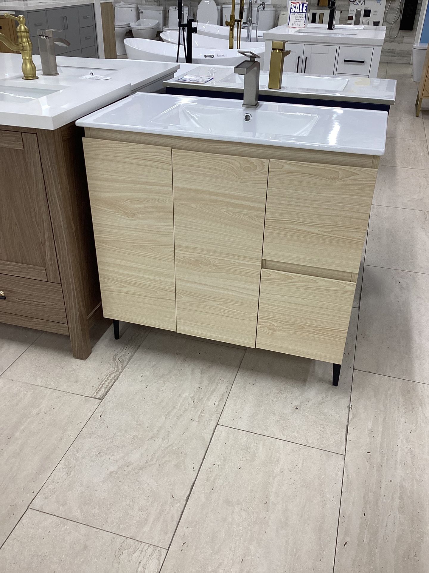 36” Bathroom Vanity Cabinet Wood Color New With Softclose Drawer Doors White Ceramic Top Sink Integrated Ready For Pick Up Today