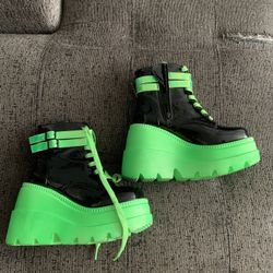 Demonia Black and Green Platform Boots