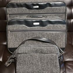 St. Moritz Travel Luggage Set Of 3 Black Gray Tweed Garment Duffle Bag Suitcase