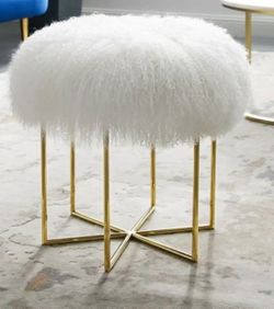 MEXIYA Bailey Real Sheepskin Mongolian/ Stainless Steel Ottoman White