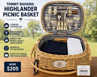 Tommy Bahama Highlander Picnic Basket – 4 Person Set – New with Tags