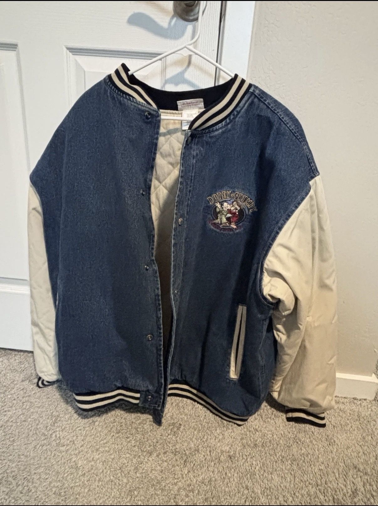 DISNEY Seven Dwarves Denim Bomber Jacket VTG 90s Embroidered Coat Jean XXL