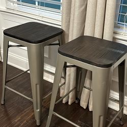 Penelope 24 in. Silver Metal Counter Stool with Wood Seat, Set of 2