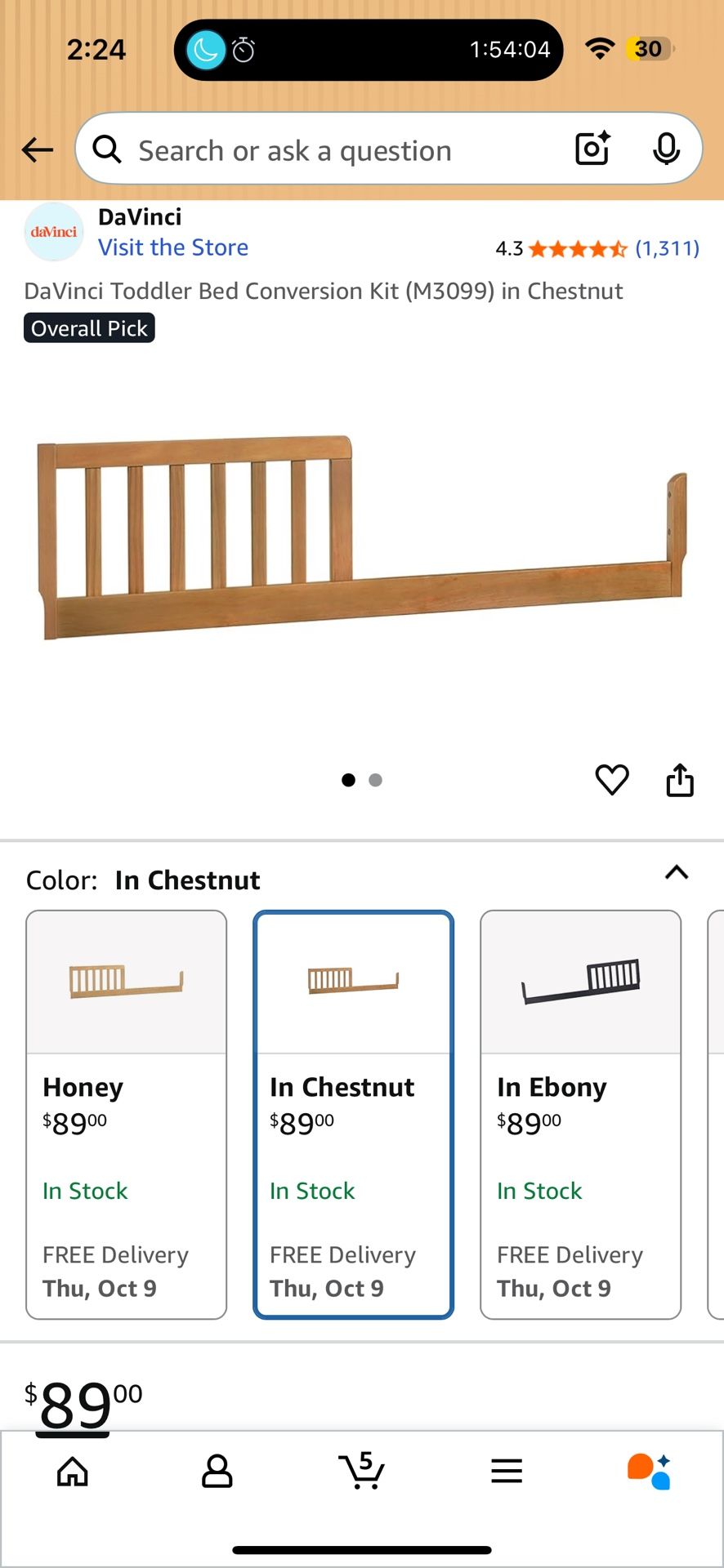 DaVinci Toddler Bed Conversion Kit (M3099) in Chestnut