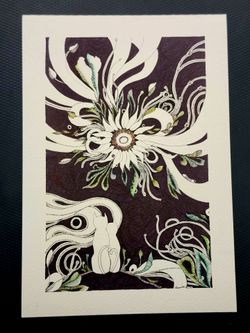 Original Ink Art Cat and Flower Drawing