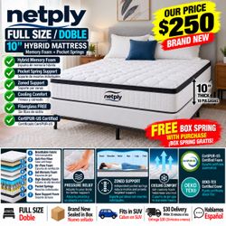 🔥 BRAND NEW NETPLY 10” FULL Hybrid Mattress + FREE Box Spring – $250! / Doble
