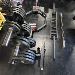 Bumper Weight Plates With Rolling Caddy And Bars For Home Gym