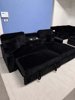🛋️ New Black Corduroy Sectional Sofa with Cup Holders $10 Down
