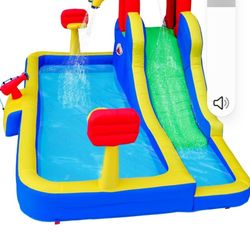 WELLFUNTIME Inflatable Water Park with Blower, Slide with Water Cannon and Double Basketball Rings


